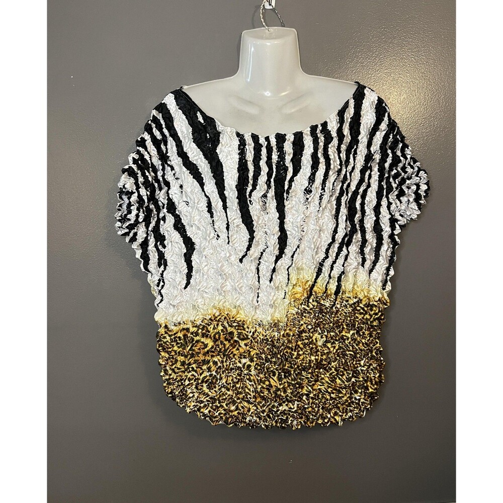 FC Blouse Womens Large Black White Gold Textured Animal Print Crinkle Shirt Top
